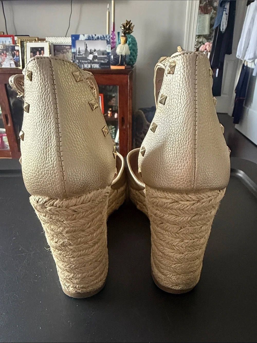 Metallic Gold Espadrille Wedge Sandals with Ankle Strap